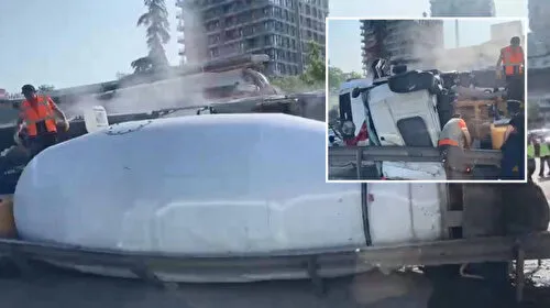 Küçükçekmece D-100 yan yolda beton mikseri devrildi