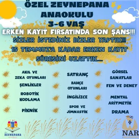 Özel Zeynepana Anaokulu’nda Erken Kayıt Süresi Uzatıldı